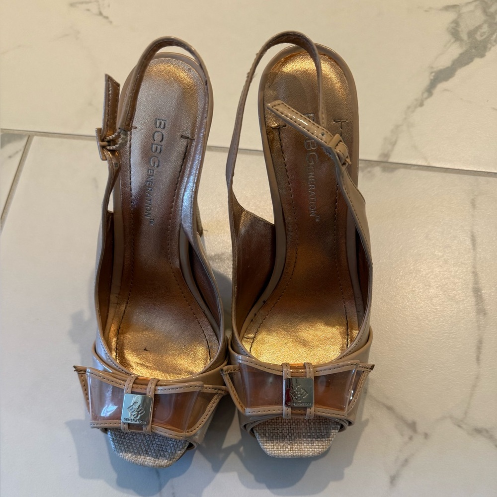 BCBGirls Tan Slingback Peep-Toe Heels